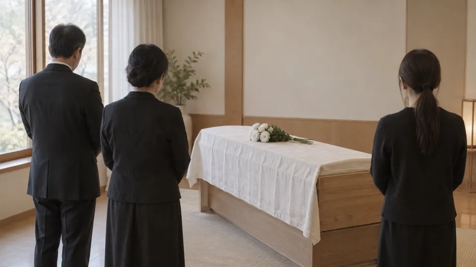 빈소 없이 흰 천을 덮은 관 앞에 가족 세 사람이 조용히 서 있는 방