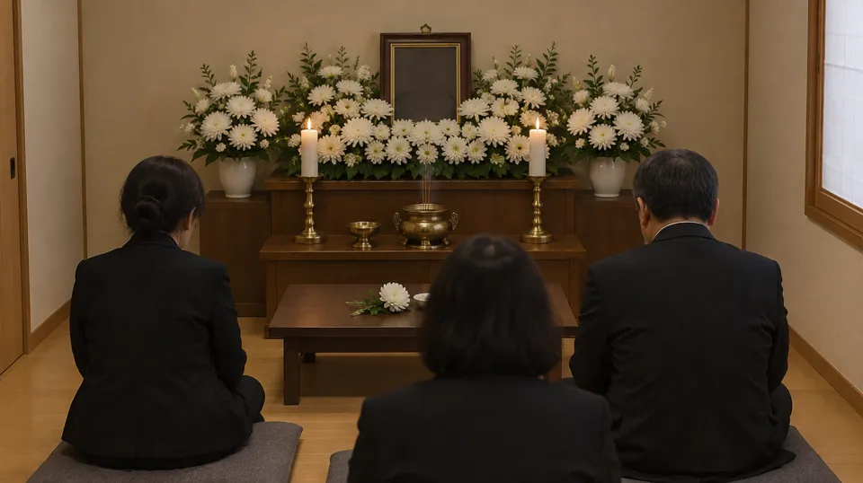 흰 국화 제단 앞 방석에 앉은 가족 세 사람의 뒷모습