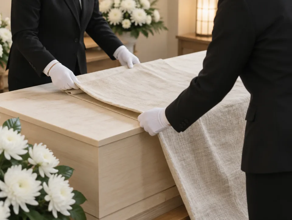 흰 장갑을 낀 장례지도사와 장례예식사가 함께 관 위로 삼베 천을 펴는 손
