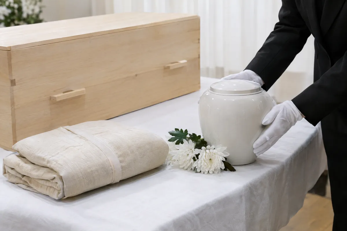 탁자 위에 놓인 삼베 수의와 나무 관, 유골함