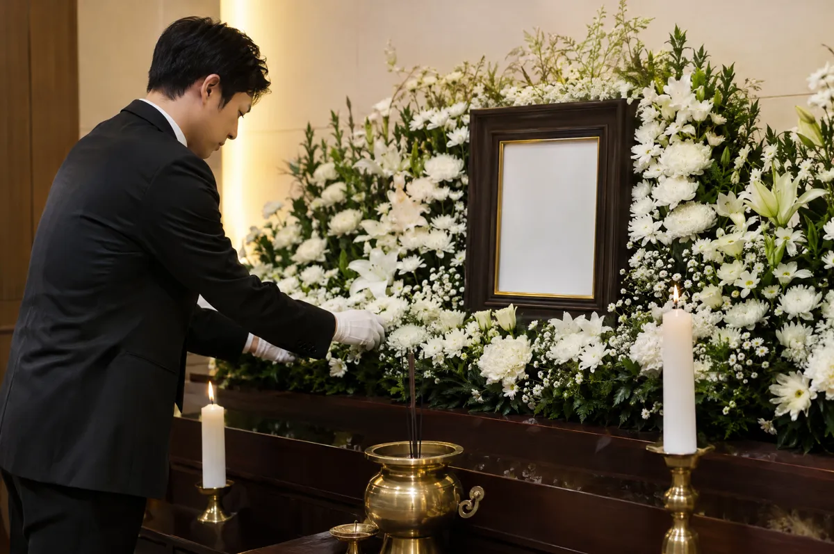 장례지도사가 빈소 제단에 흰 국화를 꾸미는 모습