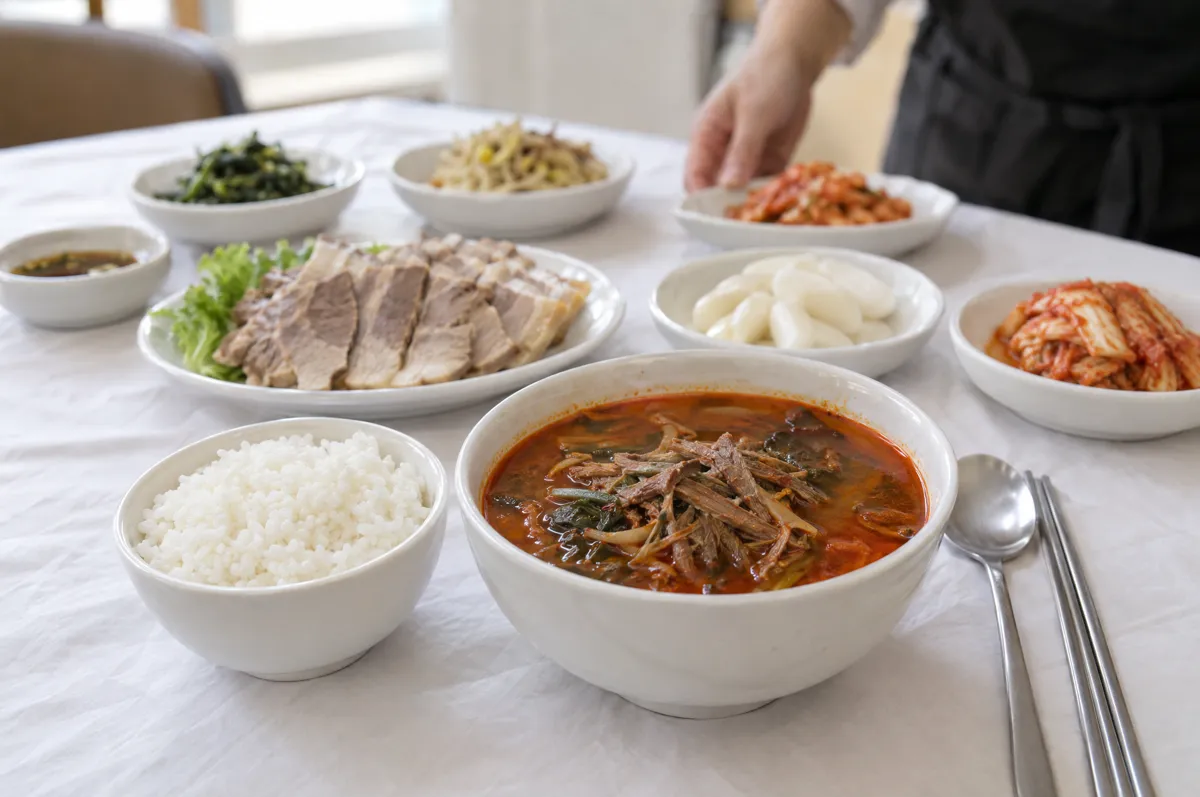 육개장과 밥, 편육, 떡이 차려진 조문객 상