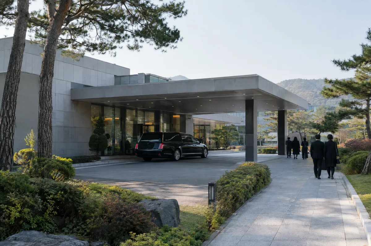 소나무에 둘러싸인 화장시설 입구와 운구차