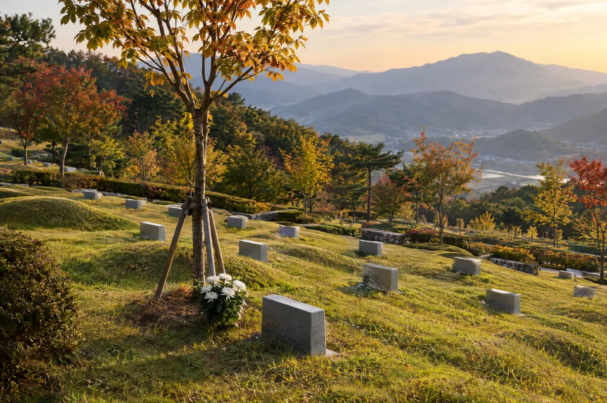 가을 산자락의 추모 공원과 흰 국화가 놓인 나무
