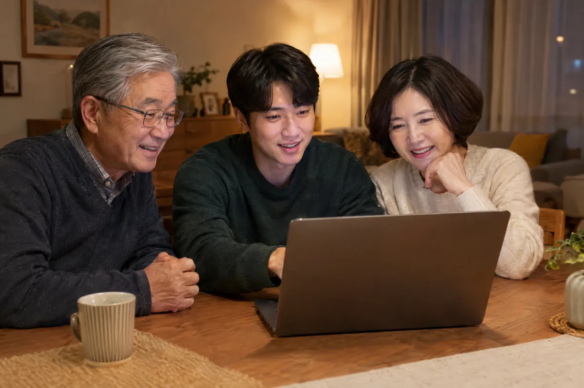 아들이 노트북으로 상조 회사 상태를 확인해 부모에게 보여 주는 모습