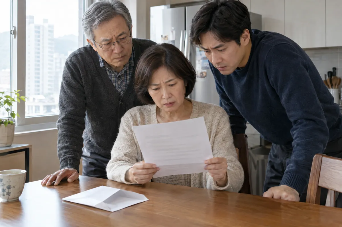 폐업 안내 편지를 읽고 걱정하는 부부와 아들