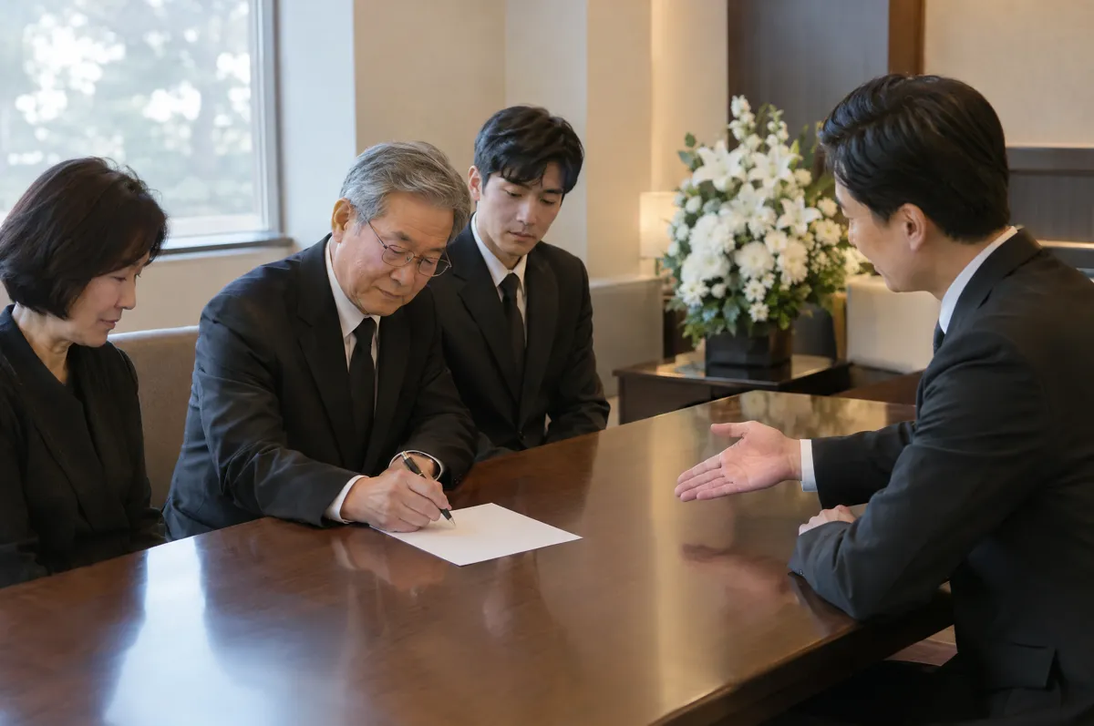 장례지도사 앞에서 한 번 서명하는 가족